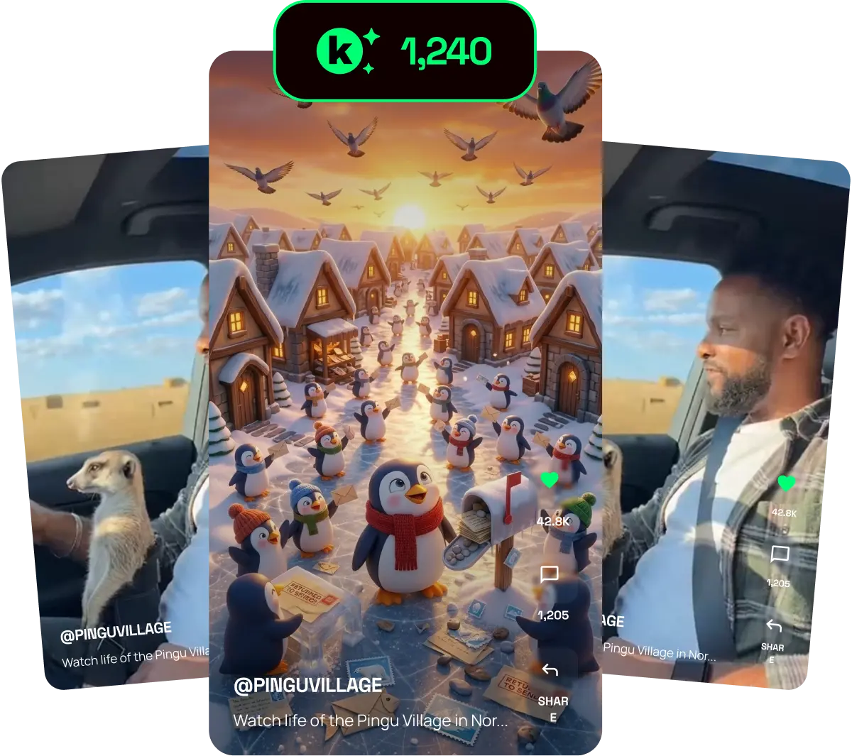 Flikk app feed — three phone cards showing shorts with coin rewards