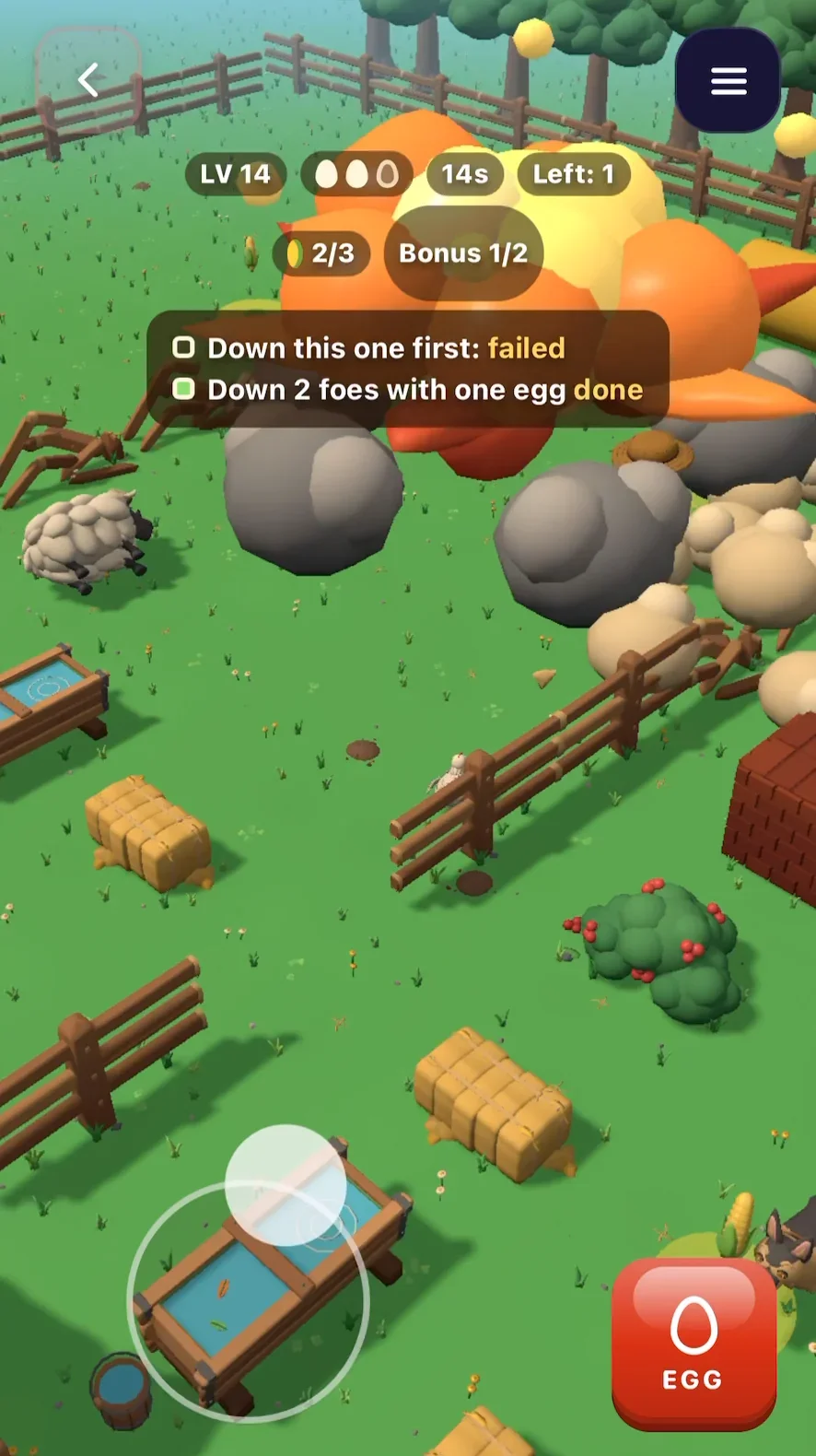 Cluck and Boom: a 3D farm seen from above at an angle, with an explosion behind a fence