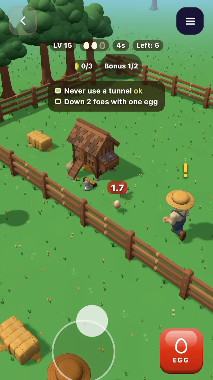 Cluck and Boom: a floating joystick on the left and a red EGG button on the right