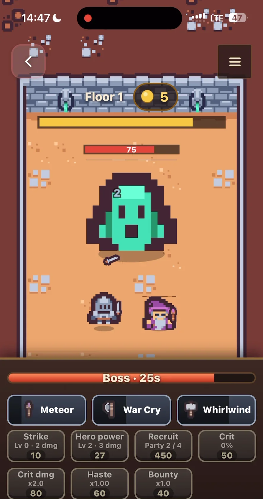 Dungeon Hunter Idle: the hero and a companion fighting a boss