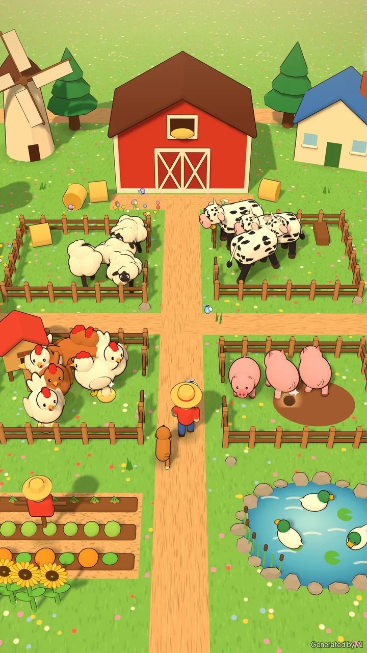 Illustration: version 3, the farm with a windmill, a farmhouse, a duck pond, a farmer and his dog