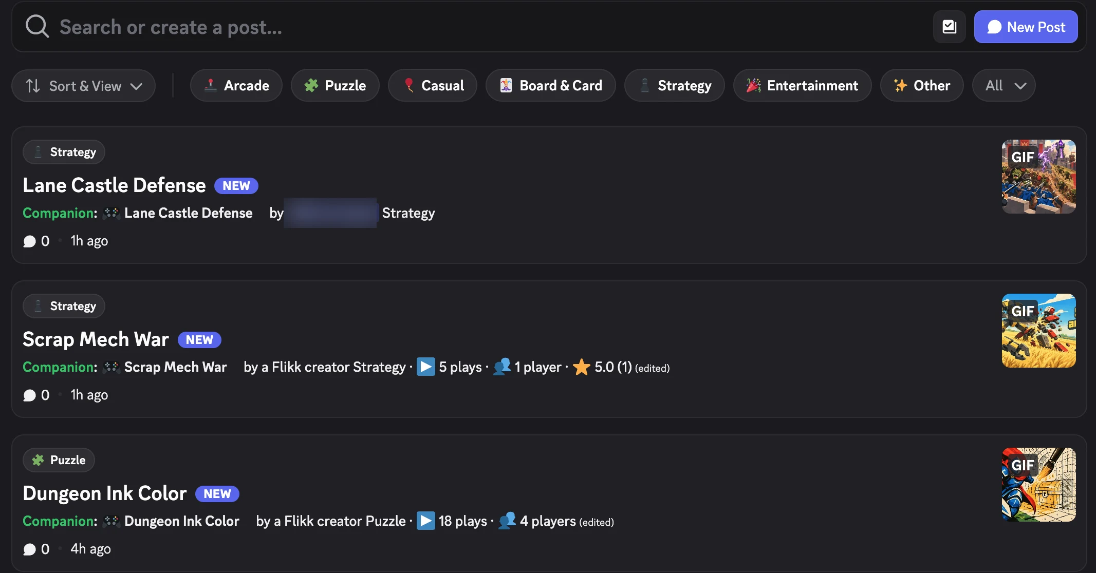 The showcase in the Flikk creator Discord: game posts like Lane Castle Defense, Scrap Mech War and Dungeon Ink Color