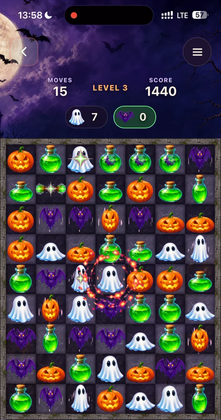 Grave Match: a combo on a board of ghosts, pumpkins, bats and potions