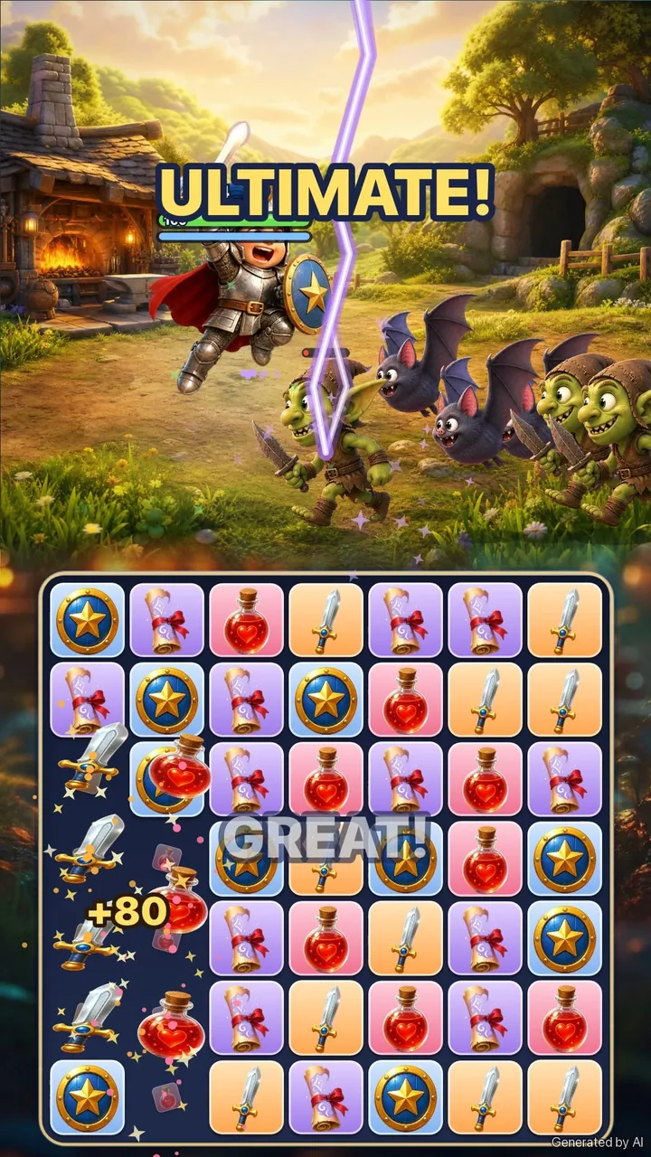 Illustration: matched swords and potions fly up to a knight fighting goblins and bats