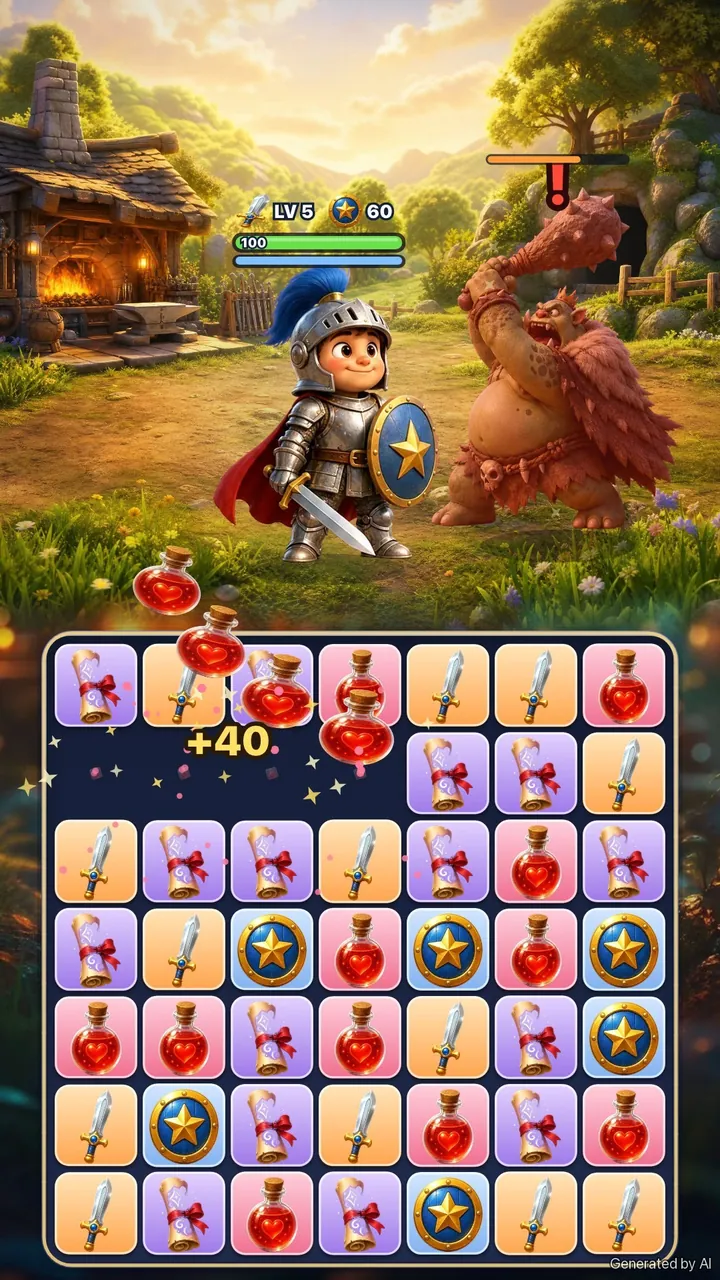 Illustration: the Ogre King raises his club while the knight waits with his shield