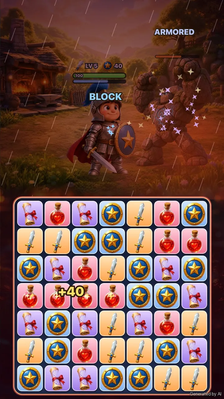 Illustration: the knight blocks an armored Stone Golem in the rain
