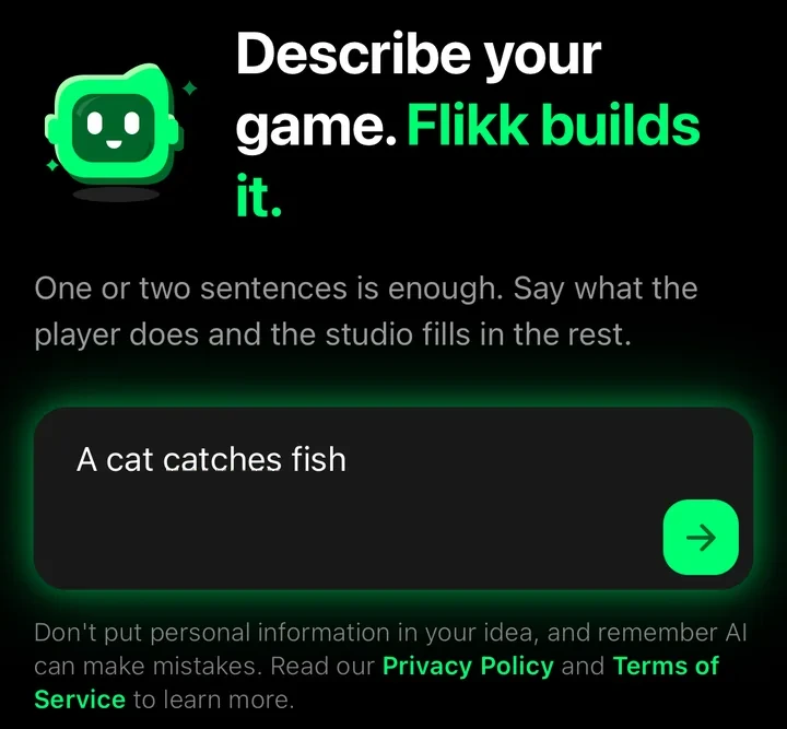 The Flikk Create tab with the idea "A cat catches fish" typed in