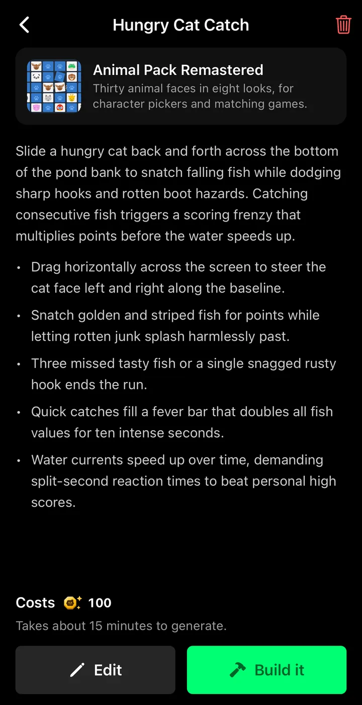 Flikk's game plan for Hungry Cat Catch, with the cost and the Build it button
