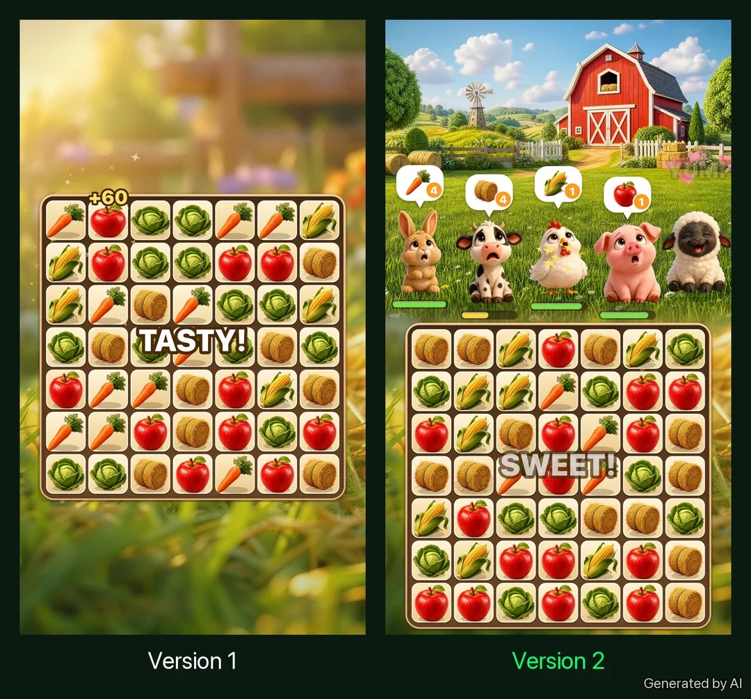 Illustration: the same match-3 game in two versions, a plain board and a board with a farm of hungry animals on top