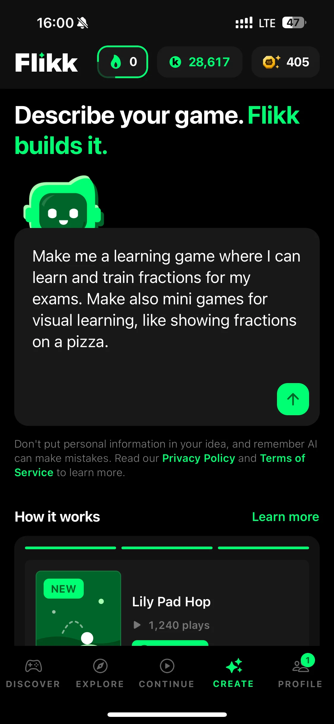 The Flikk Create tab with my prompt: a learning game for fractions with pizza mini games