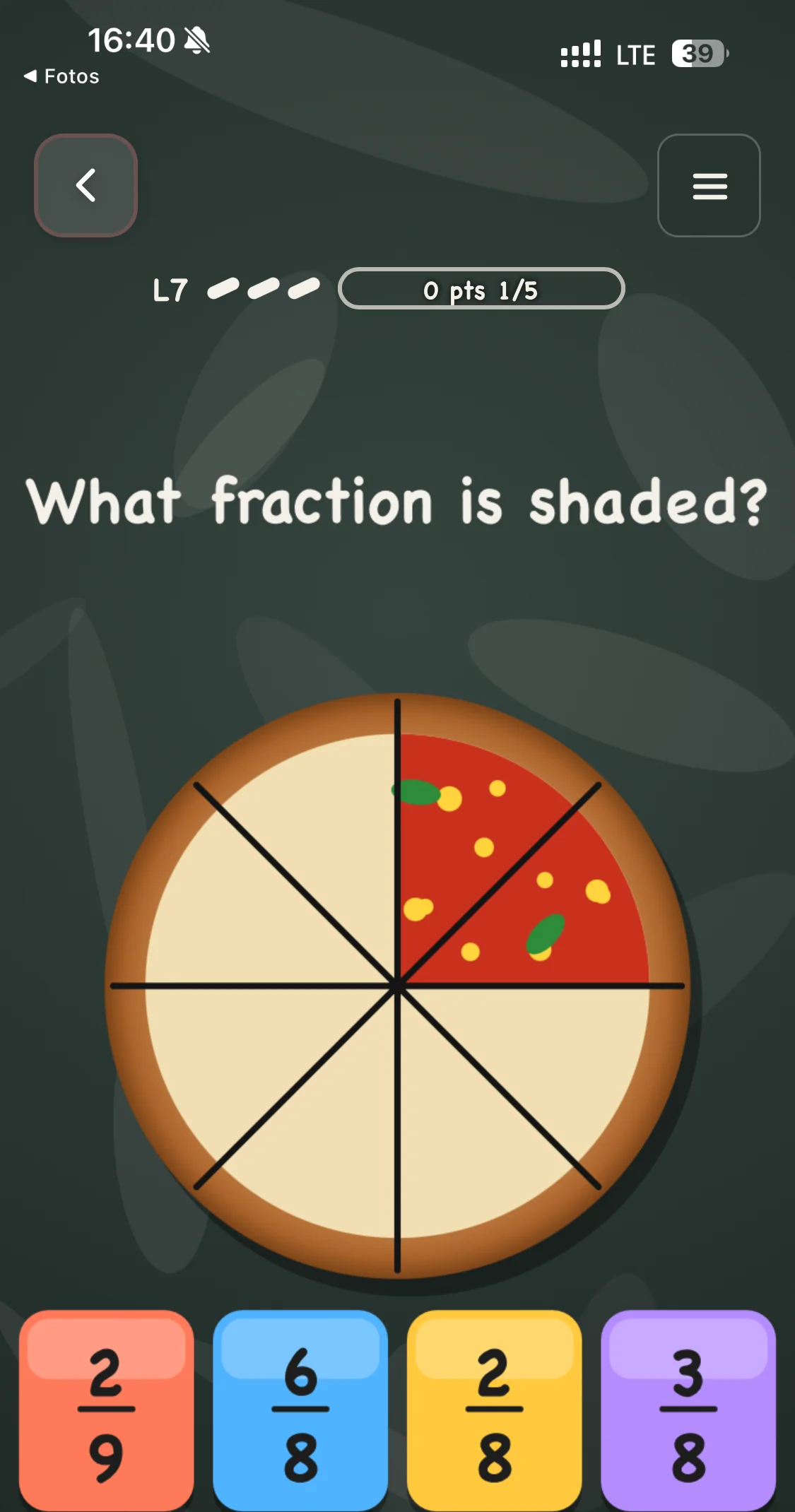 What fraction is shaded: a pizza in eighths with four answer options