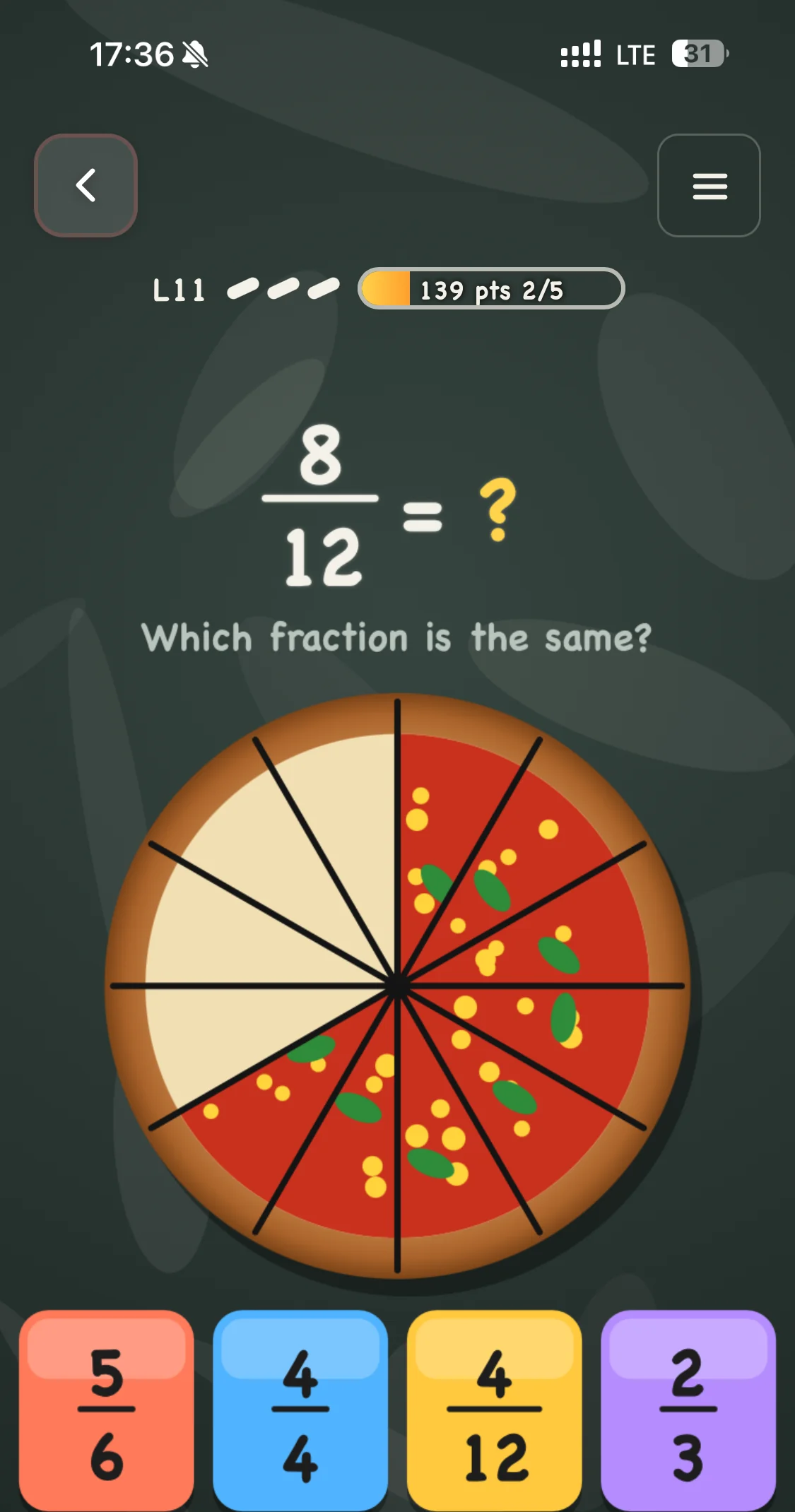 Which fraction is the same: 8/12 of a pizza, with 2/3 among the answers