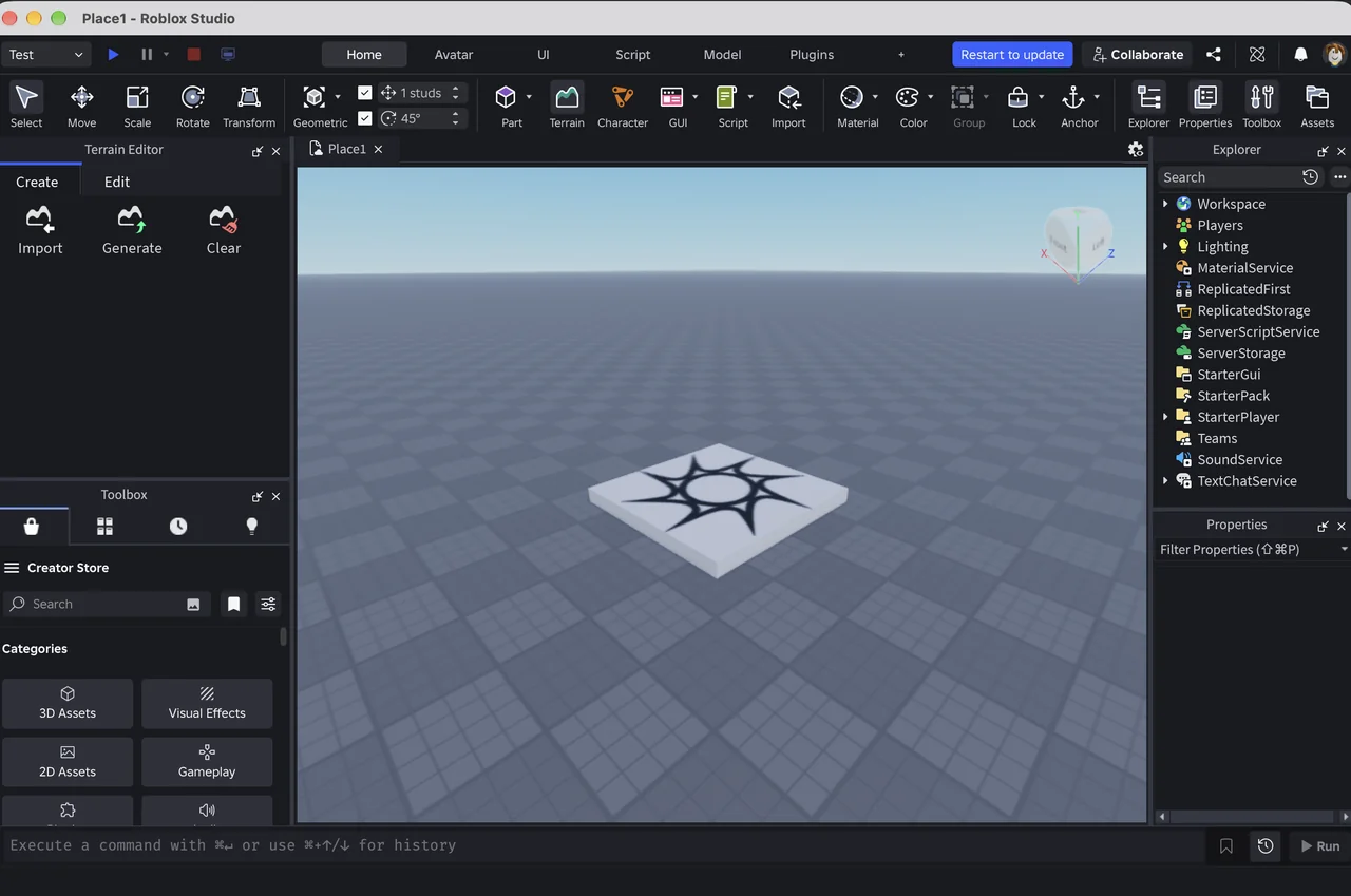 An empty Baseplate in Roblox Studio with toolbars, Explorer and Toolbox