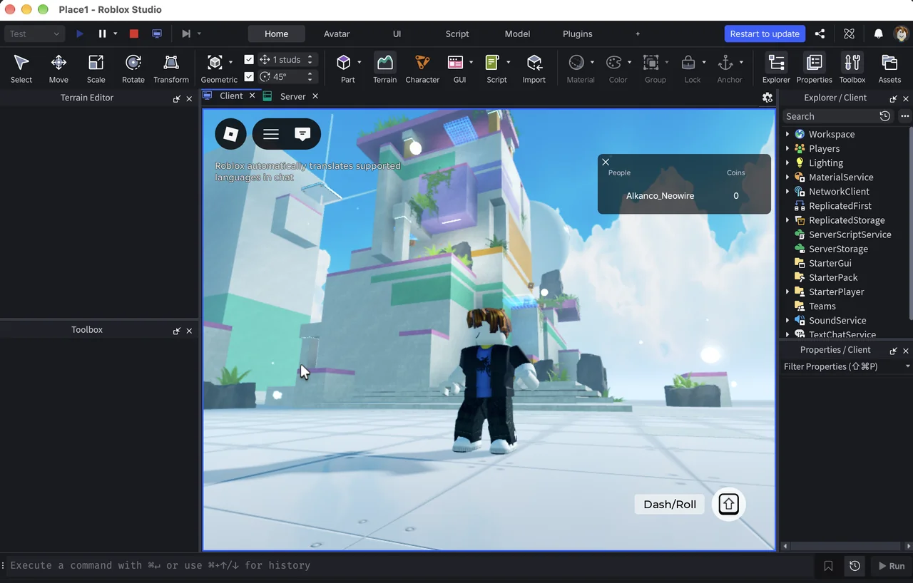 Play-testing the Platformer template in Roblox Studio