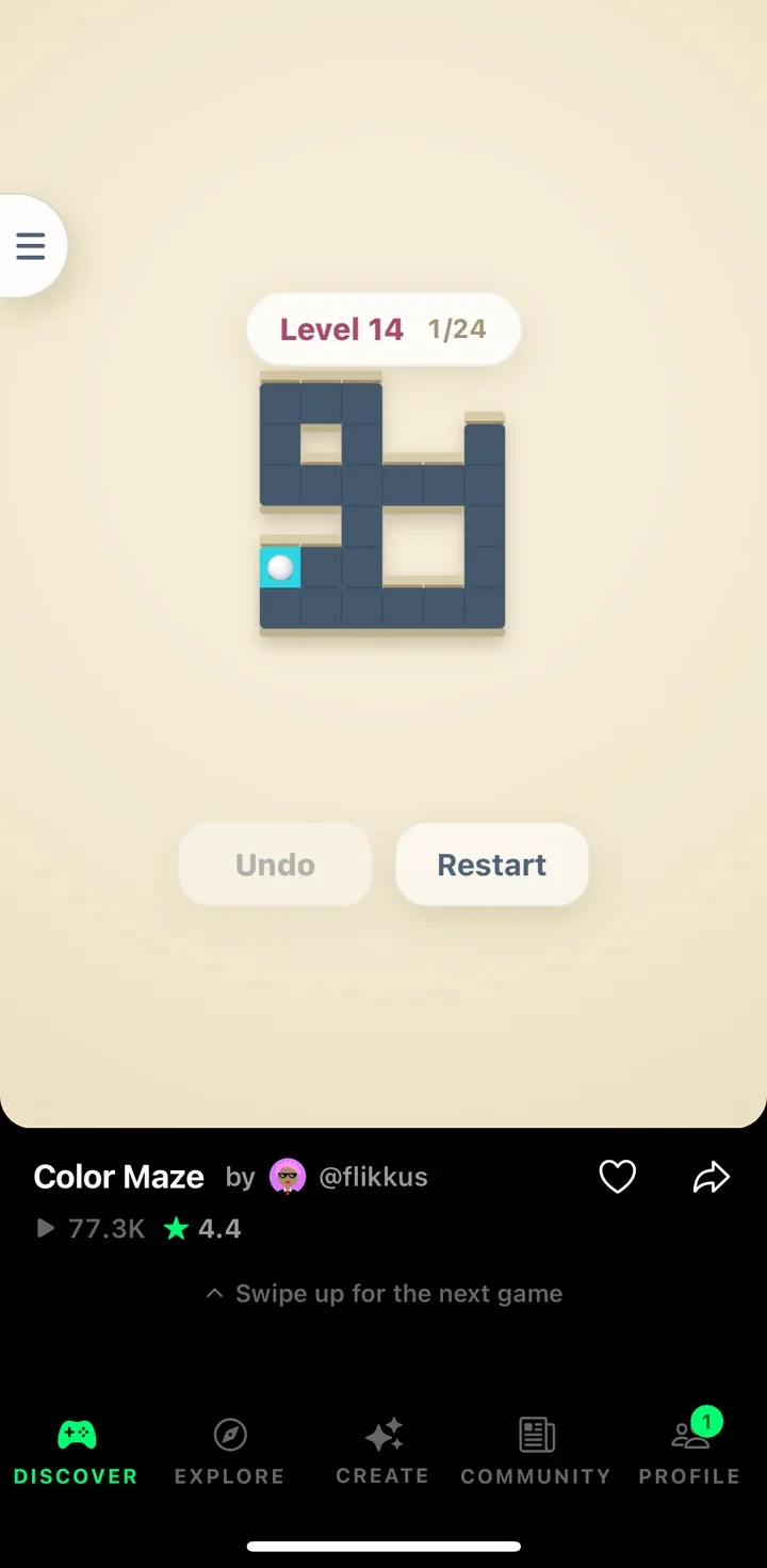 The Discover tab: Color Maze playing full screen, with Swipe up for the next game