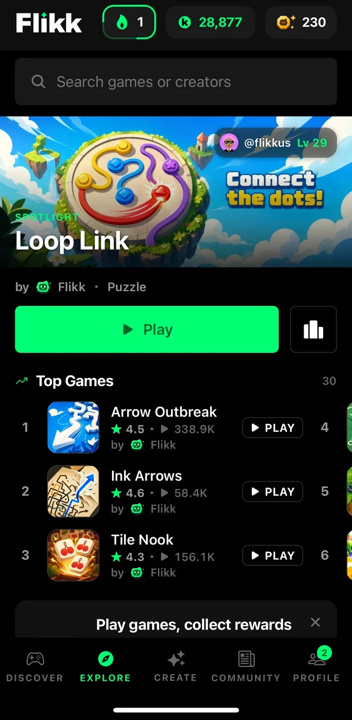 The Explore tab: search, a Spotlight game and the Top Games list