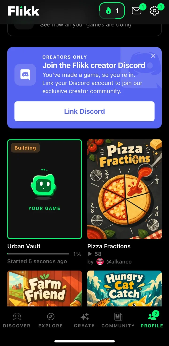 The Profile page with Urban Vault building, next to earlier games