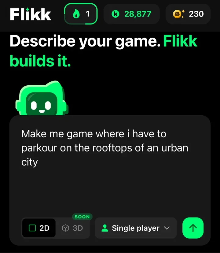 The Create tab with the prompt: a parkour game on the rooftops of an urban city