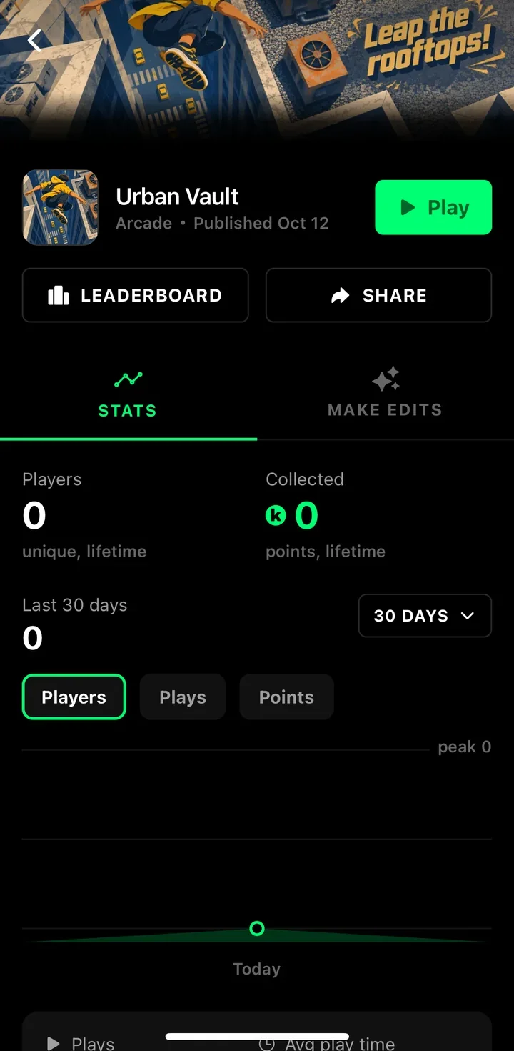 Urban Vault's game page: Play, Leaderboard, Share, Stats and Make Edits