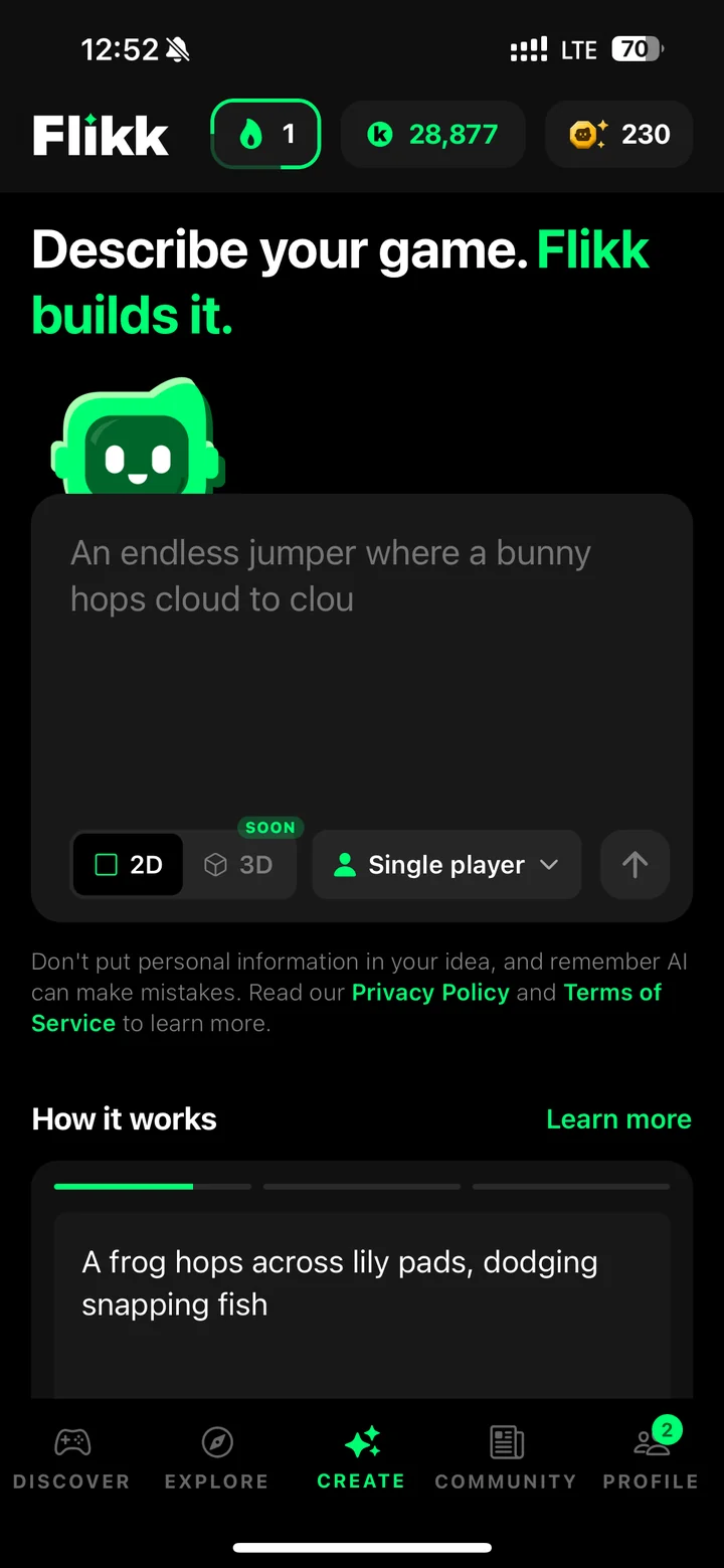 The Flikk Create tab with the 2D / 3D switch, 3D marked Soon