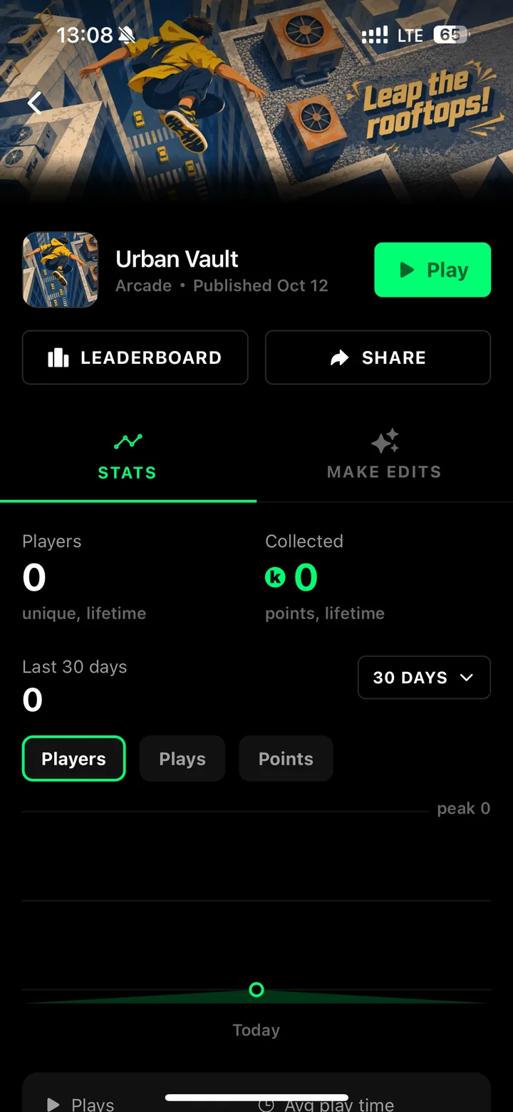 Urban Vault's game page in Flikk, published October 12